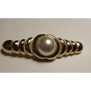 Vintage Dotty Smith Brooch Ribbed Gold Tone Faux Pearl Bar